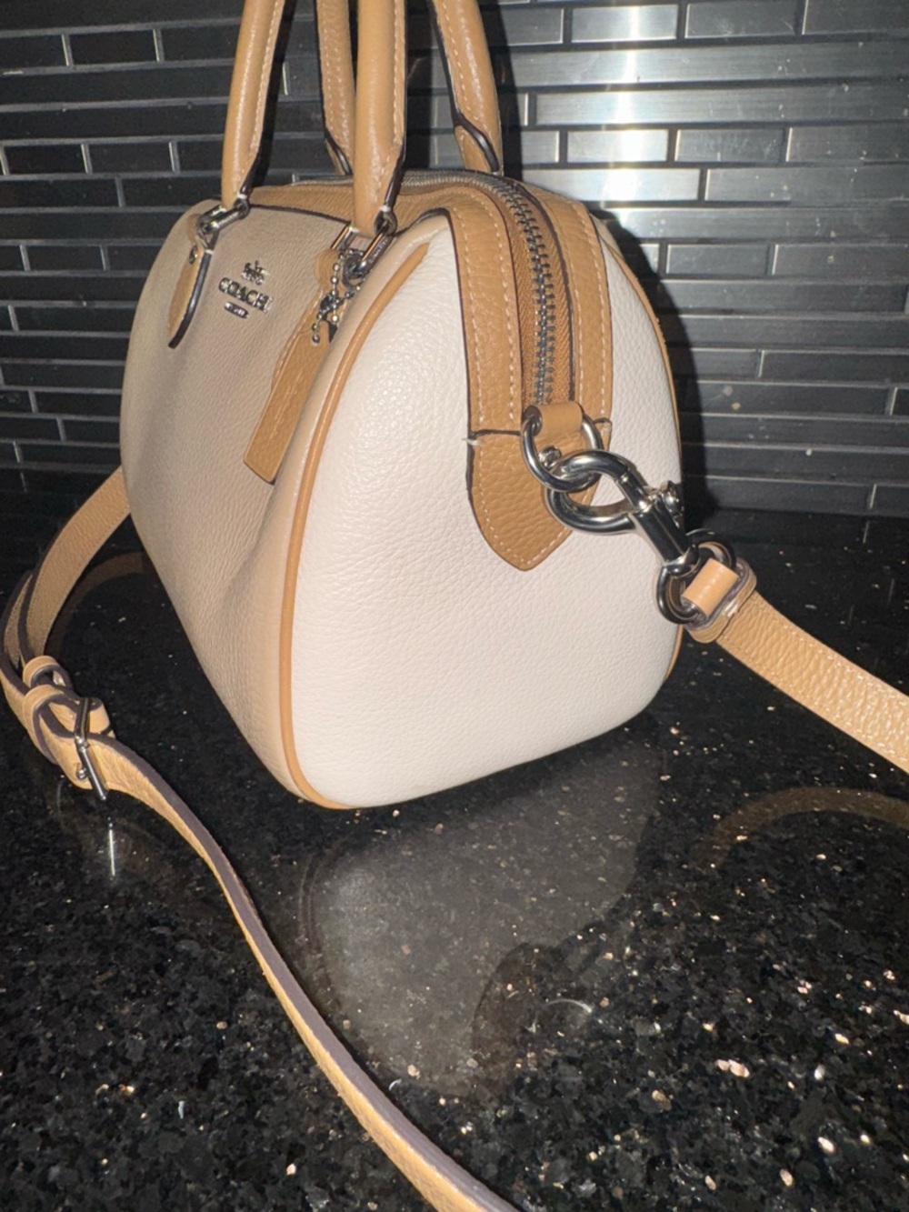 Coach Beige and Tan Leather Satchel with Crossbody Strap - Picture 5 of 10